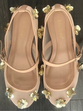 BAMBOO Blush Pink Floral Sequin Mary Jane Flats with Gold Accents